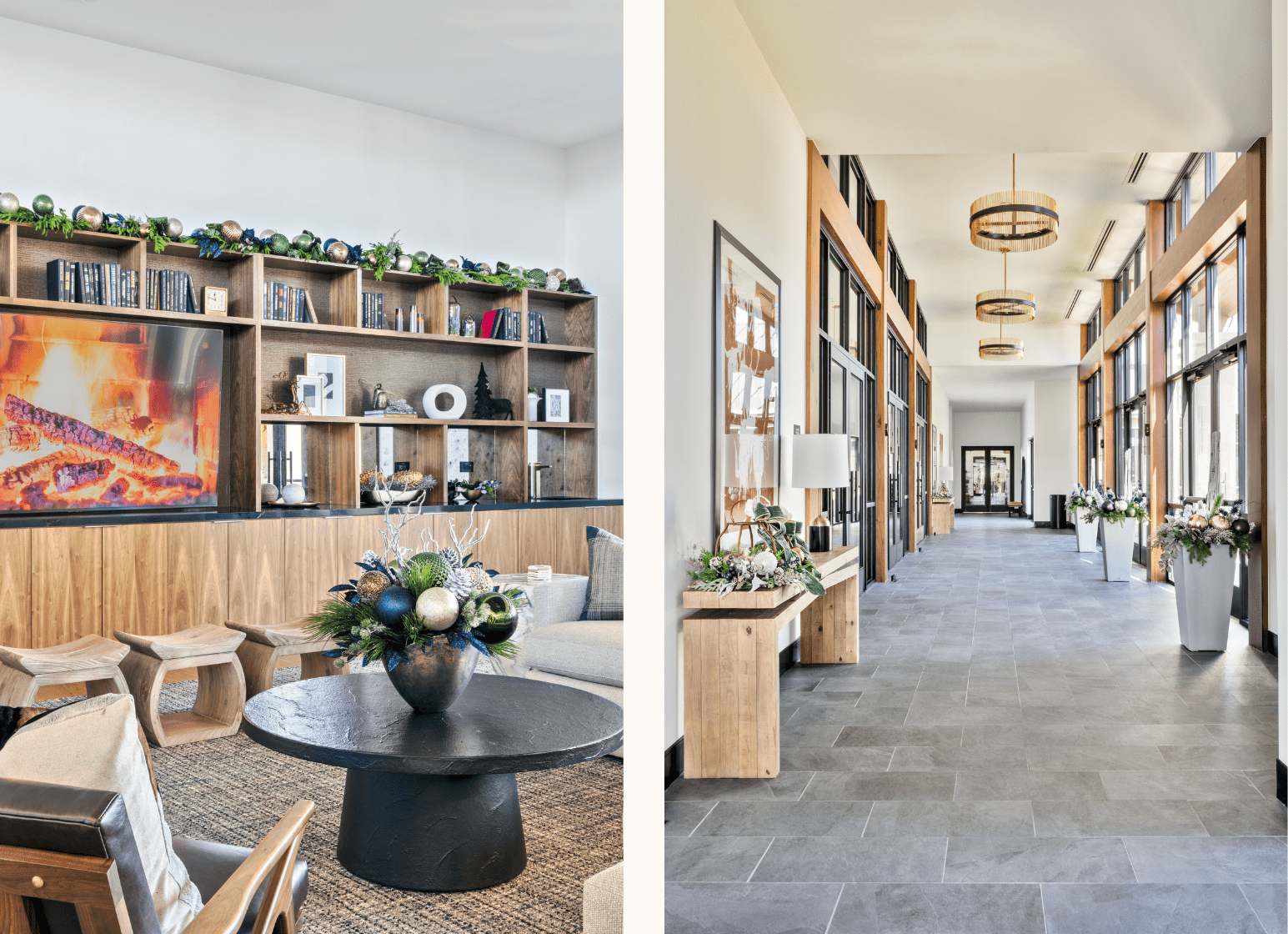 Side-by-side photos of a luxury Dallas clubhouse decorated for Christmas by Baker Design Group. The first image shows a cozy lounge with wood bookshelves, a fireplace on a large TV screen, and a round black coffee table with a festive floral arrangement featuring navy, green, and gold ornaments. The second image shows a modern hallway with tall windows, wooden accents, and matching holiday arrangements on benches and in large white planters, creating a cohesive commercial holiday décor.